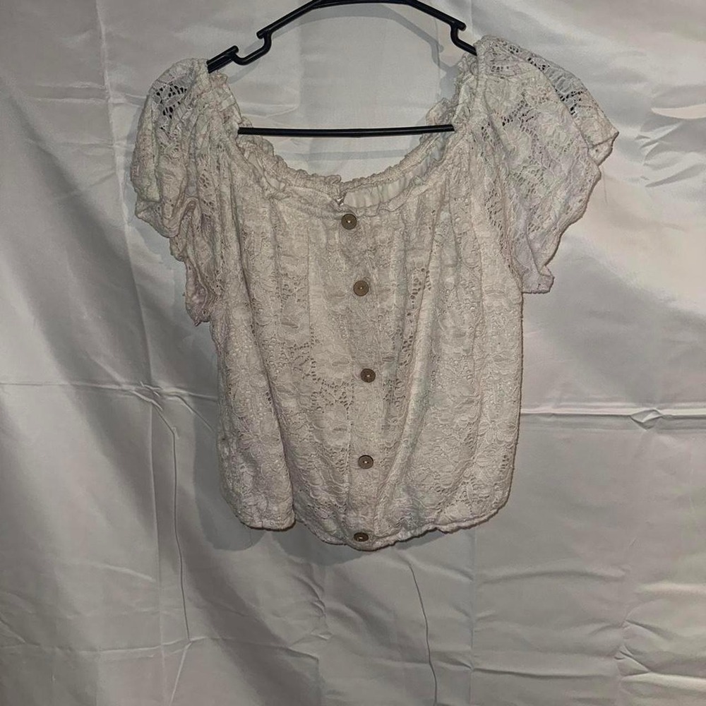 Cream Floral Lace Off The Shoulder Button Down Crop Top Flutter Sleeve Boho
